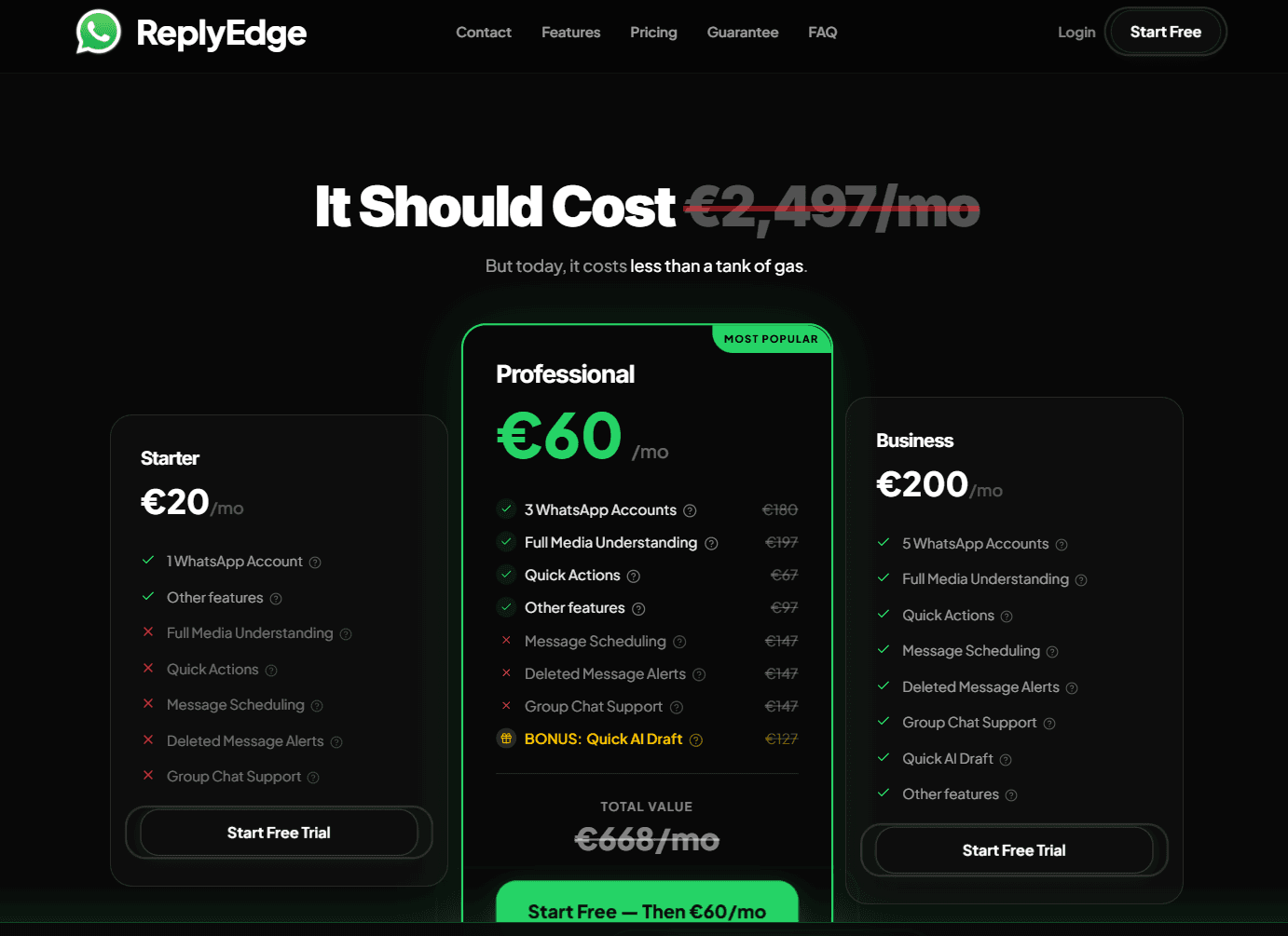 ReplyEdge SaaS pricing page