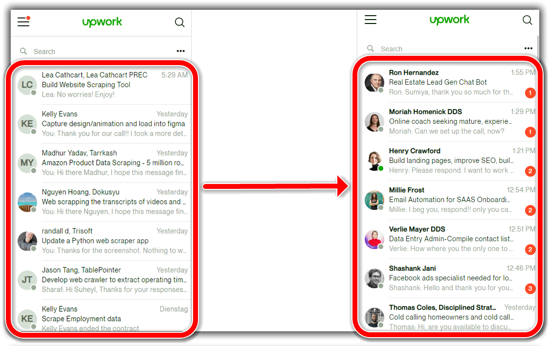 Upwork inbox transformation