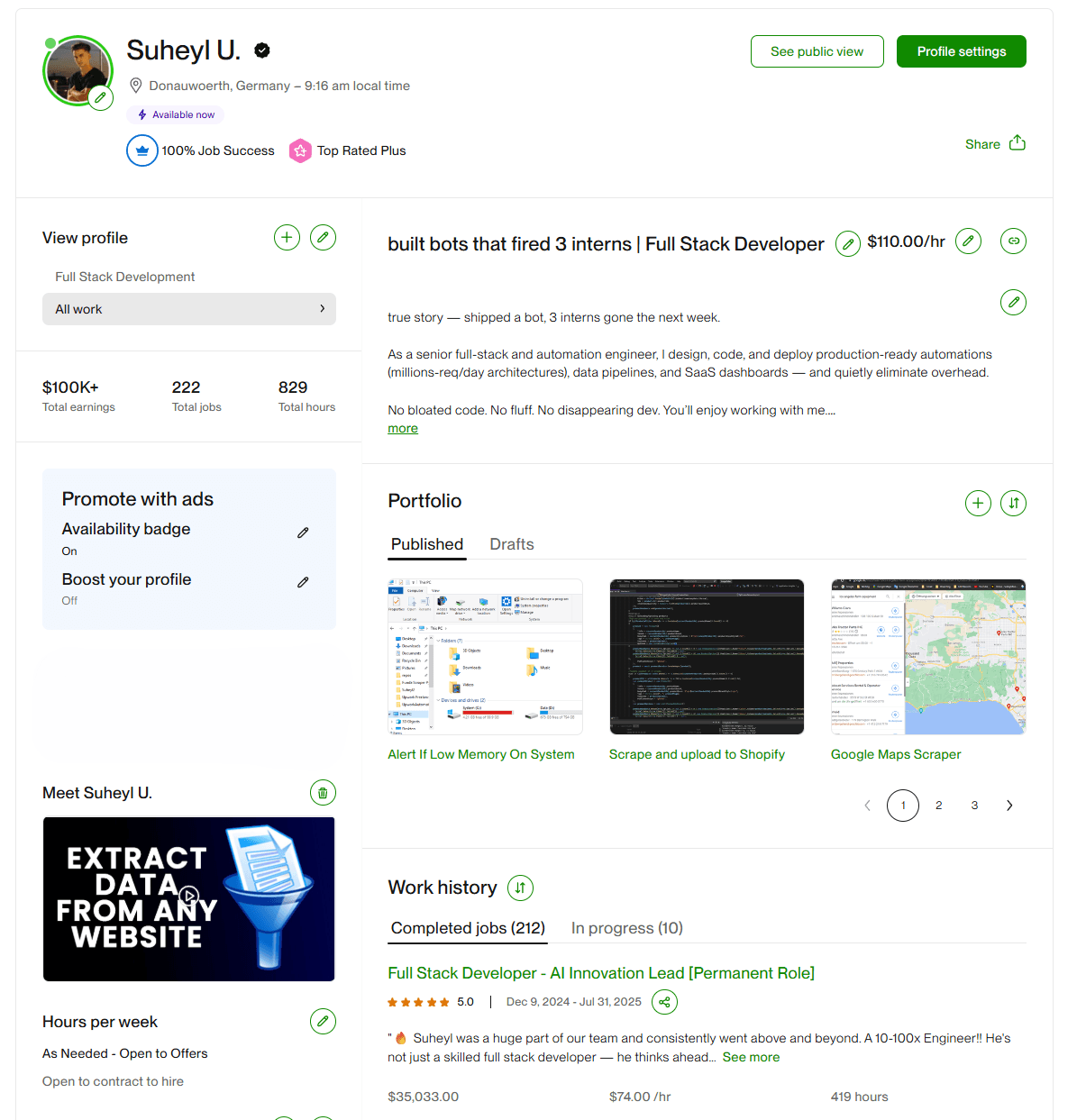 Suheyl Ünüvar Upwork Profile - Top Rated Plus Full-Stack Developer