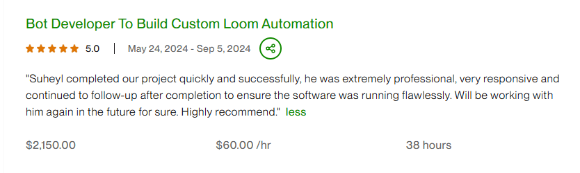 Custom Loom Automation - Client Review and Rating
