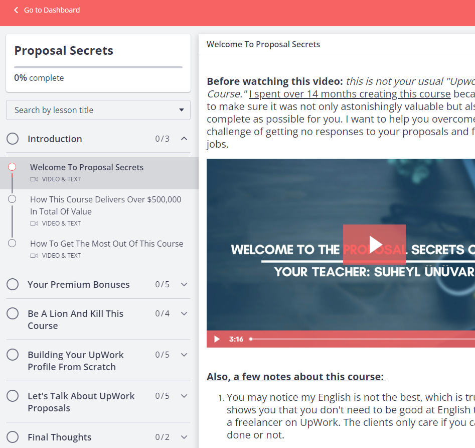 Internal lesson structure and onboarding content of Proposal Secrets course