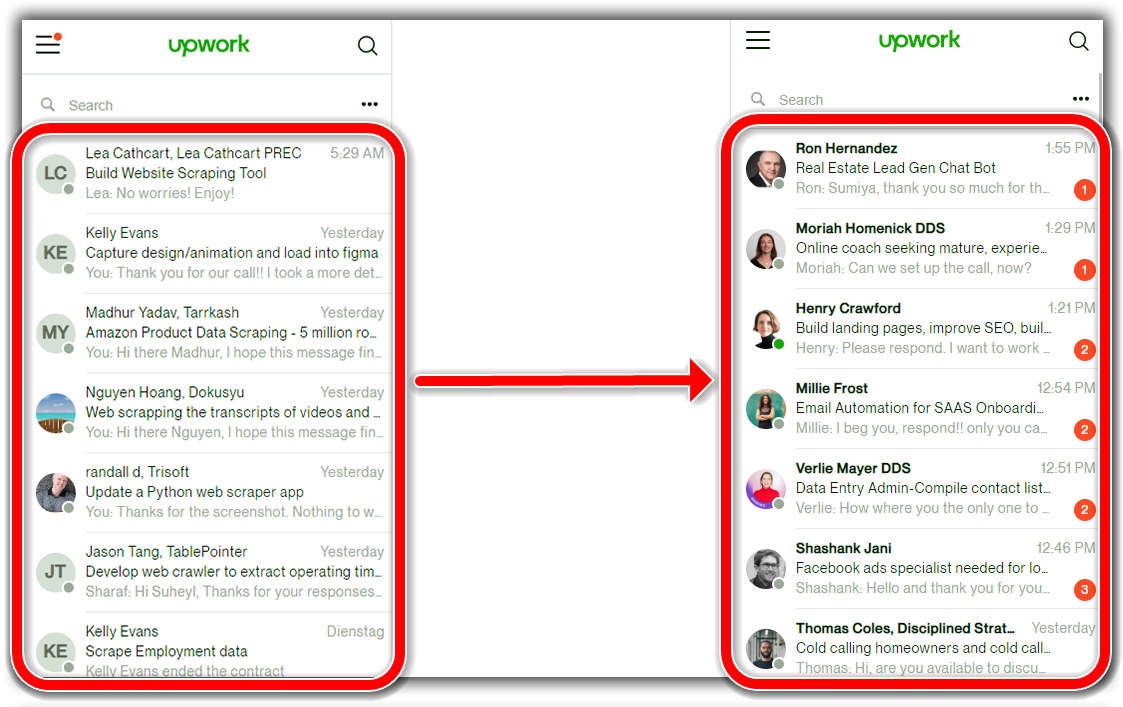 Upwork inbox transformation