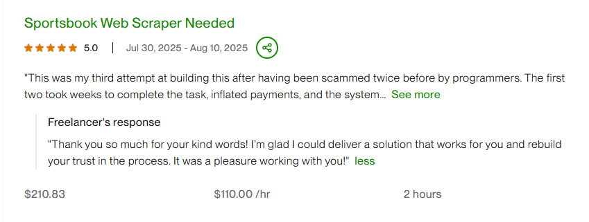 Sportsbook Web Scraper - Client Review and Rating